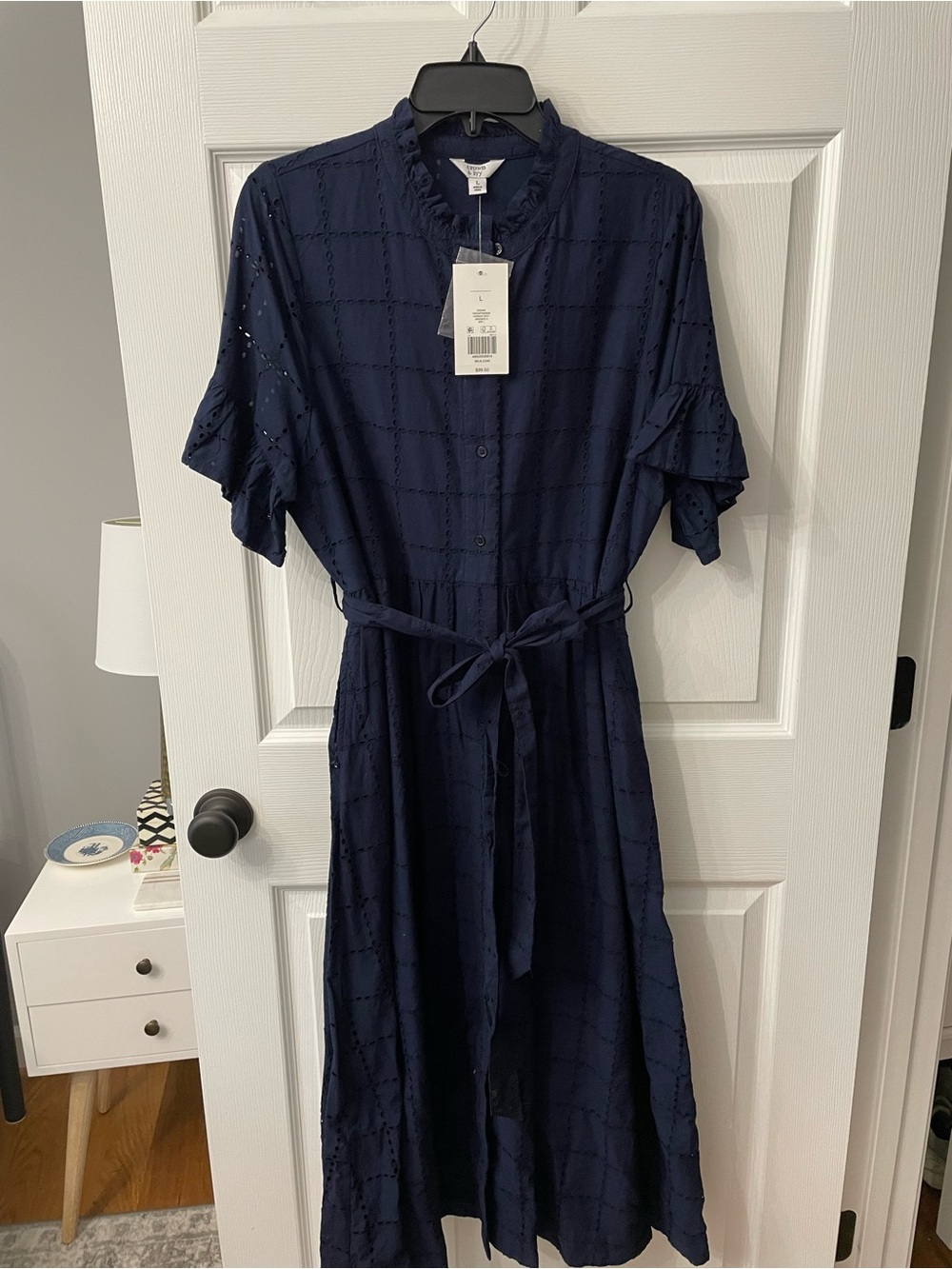 Textured Navy Eyelet Tie-Waist Midi Dress - Crown & Ivy new with tags